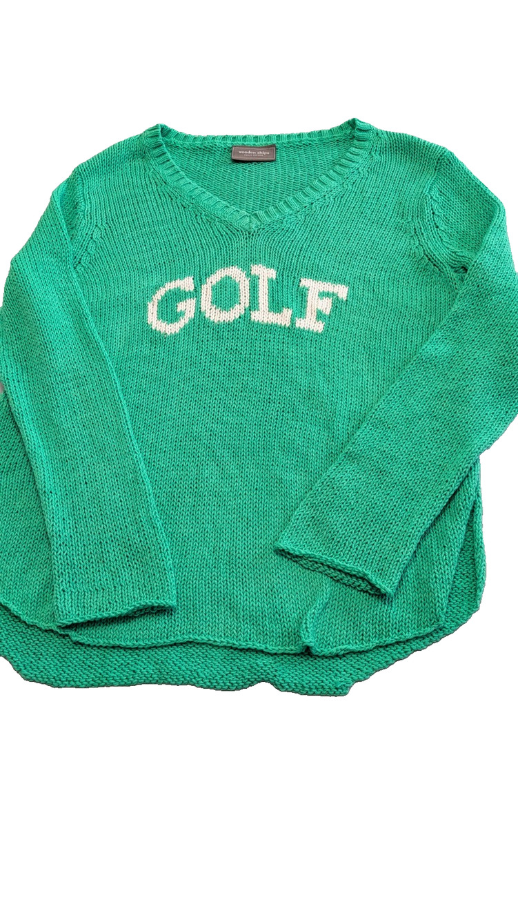 Vintage 90s Wooden Ships Golf Sweater Green White V-Neck Knit Pullover M